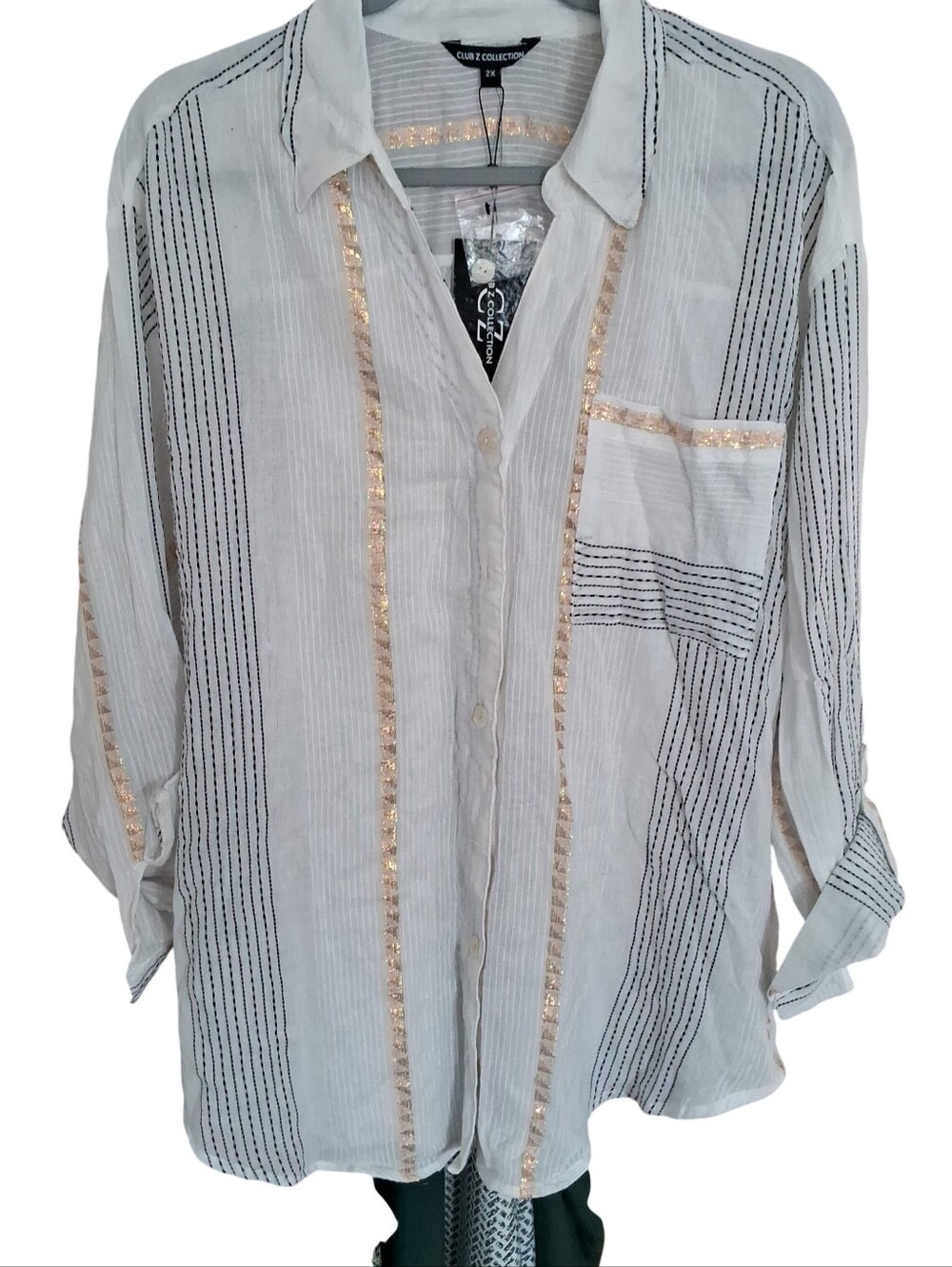 Club Z Collection Womens White Button-Up Oversized Blouse with Gold Trim